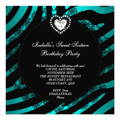 Sweet 16 Sixteen Aqua Blue Black Zebra Custom Invite