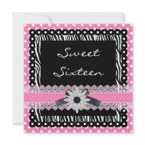 Sweet 16 Sixteen Birthday Black White Pink Zebra Invite