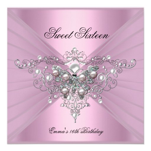 Sweet 16 Sixteen Birthday Party Pink Butterfly Personalized Announcements (front side)