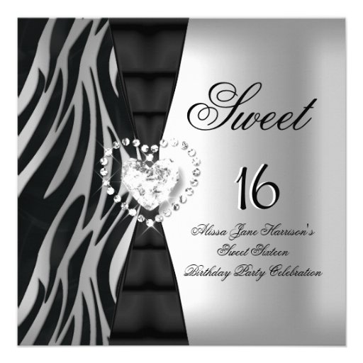 Sweet 16 Sixteen Birthday Party Zebra Black Silver Invites