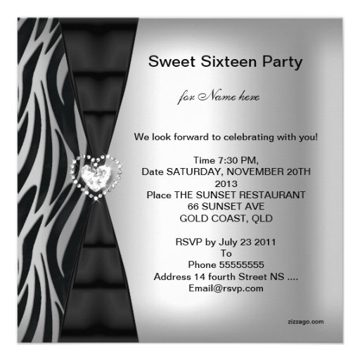 Sweet 16 Sixteen Birthday Party Zebra Black Silver Invites