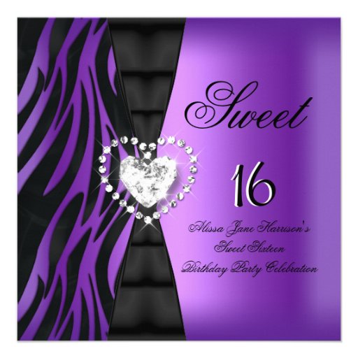 Sweet 16 Sixteen Birthday Party Zebra Purple Custom Announcements