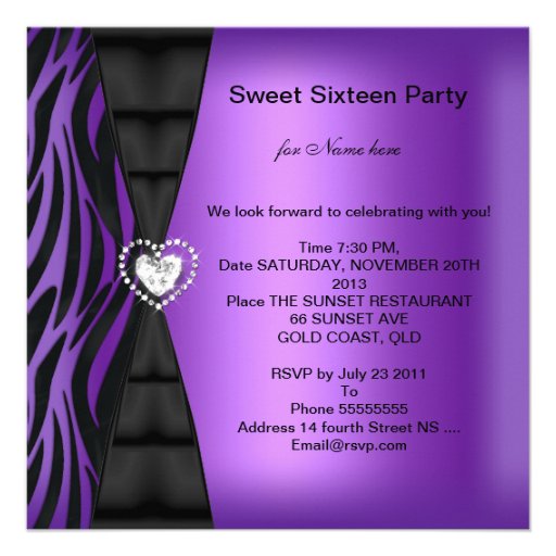 Sweet 16 Sixteen Birthday Party Zebra Purple Custom Announcements