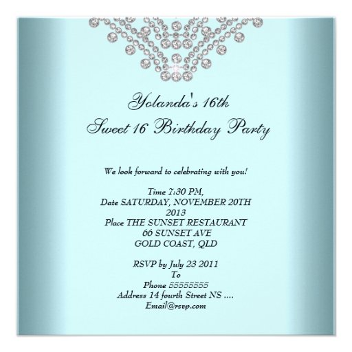 Sweet 16 Sixteen Birthday Teal White Diamonds Personalized Invitation
