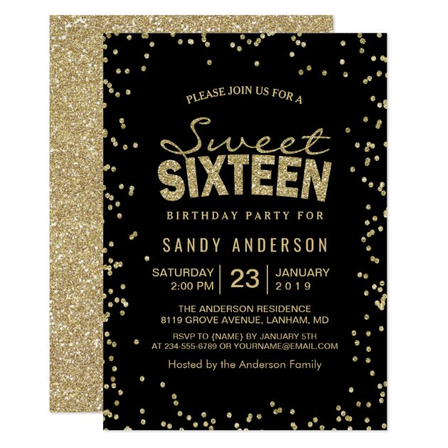 Sweet 16 Sixteen Party | Trendy Gold Glitter Dots Card (front side)