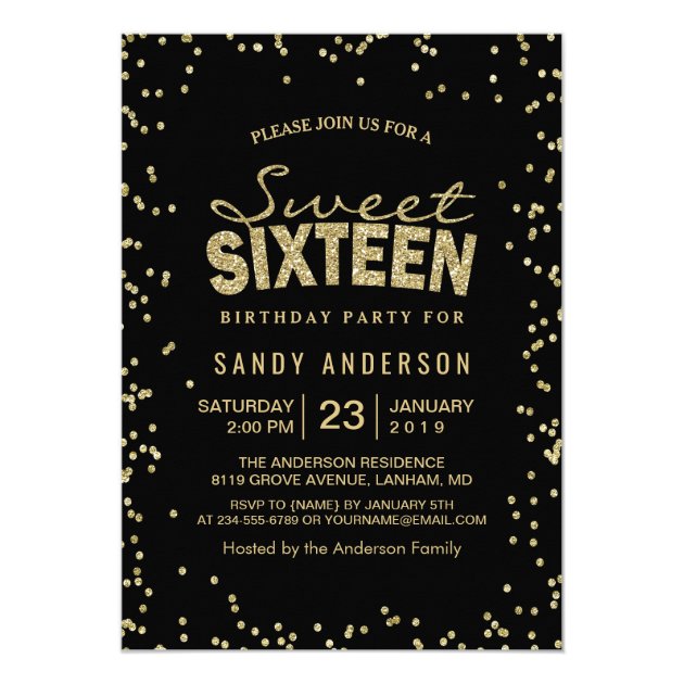 Sweet 16 Sixteen Party | Trendy Gold Glitter Dots Card