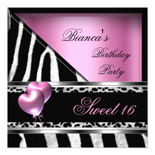 Sweet 16 Sixteen Pink Balloons Zebra Leopard Invitations