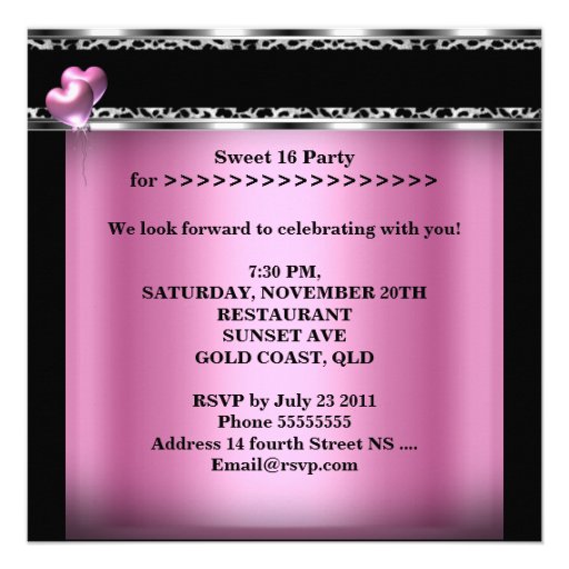 Sweet 16 Sixteen Pink Balloons Zebra Leopard Invitations