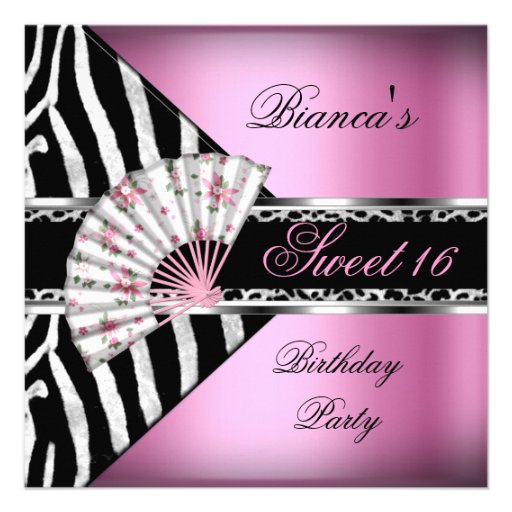 Sweet 16 Sixteen Pink Fan Black Zebra Leopard Invite