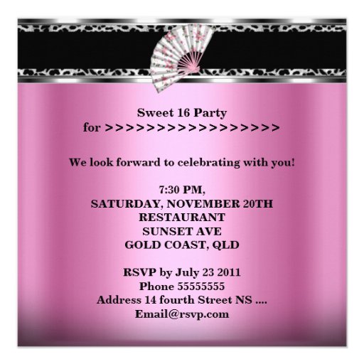Sweet 16 Sixteen Pink Fan Black Zebra Leopard Invite