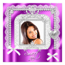 Sweet 16 Sixteen Pink Purple Lace Pearl Photo invitations
