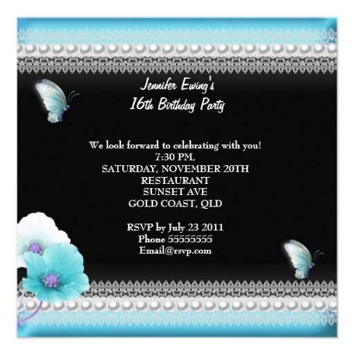 Sweet 16 Sixteen Teal Blue Black Butterfly Custom Announcement