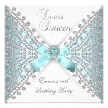 Sweet 16 Sixteen Teal Blue Silver White Diamond Personalized Announcements