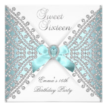 Sweet 16 Sixteen Teal Blue Silver White Diamond Personalized Announcements