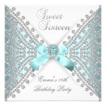 Sweet 16 Sixteen Teal Blue Silver White Diamond Personalized Announcements