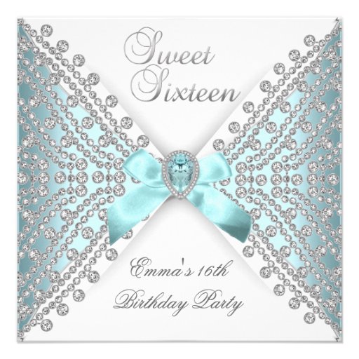 Sweet 16 Sixteen Teal Blue Silver White Diamond Personalized Announcements