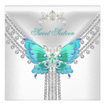 Sweet 16 Sixteen Teal Blue White Butterfly Personalized Invite