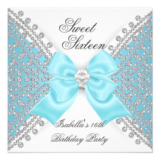Sweet 16 Sixteen Teal Blue White Diamond Party Invitations