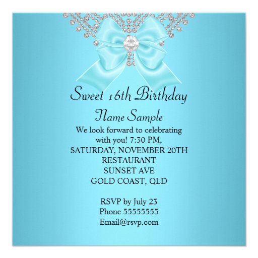 Sweet 16 Sixteen Teal Blue White Diamond Party Invitations