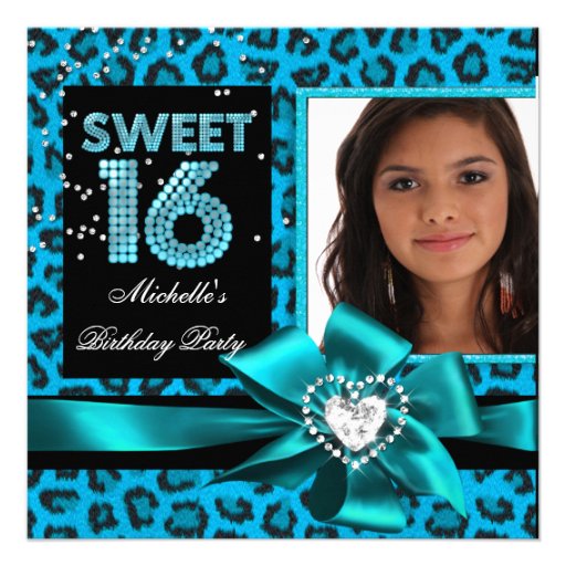 Sweet 16 Sweet Sixteen Blue Leopard Photo Personalized Invite