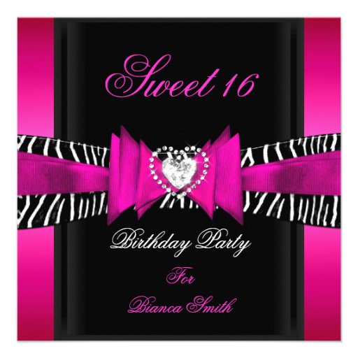 Sweet 16 Sweet Sixteen Hot Pink Black Zebra Personalized Invite