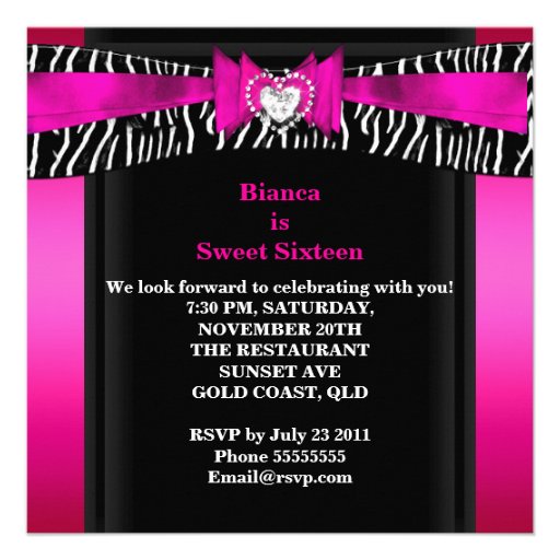 Sweet 16 Sweet Sixteen Hot Pink Black Zebra Personalized Invite