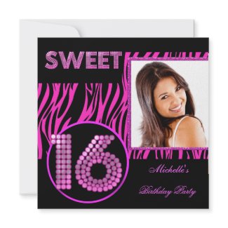 Sweet 16 Sweet Sixteen Hot Pink Zebra Photo Invite