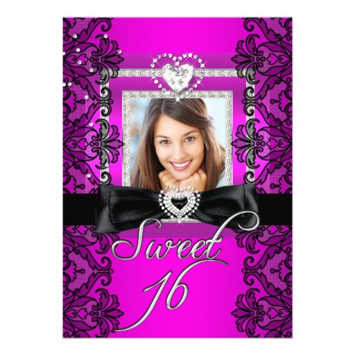Sweet 16 Sweet Sixteen Pink Black Lace Photo Custom Announcements
