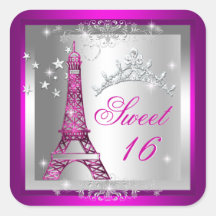 Sweet 16 Sweet Sixteen Pink Tiara Eiffel Tower Square Stickers