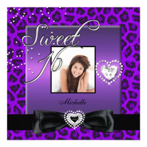 Sweet 16 Sweet Sixteen Purple Black Leopard Photo Invite