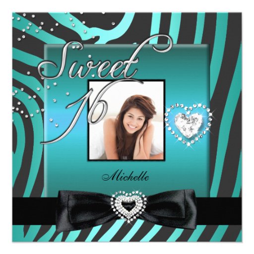 Sweet 16 Sweet Sixteen Teal Black Zebra Photo Announcement