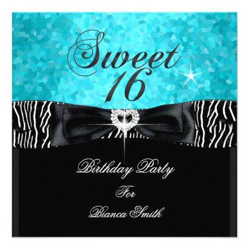 Sweet 16 Sweet Sixteen Turquoise  Black Zebra Announcement