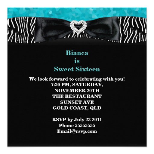Sweet 16 Sweet Sixteen Turquoise  Black Zebra Announcement