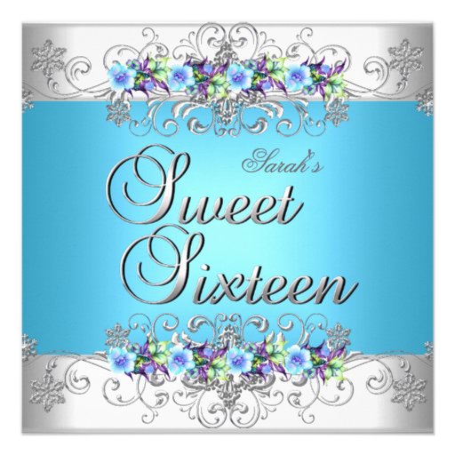 Sweet 16 Sweet Sixteen White Blue Purple Flowers Personalized Invitations (front side)