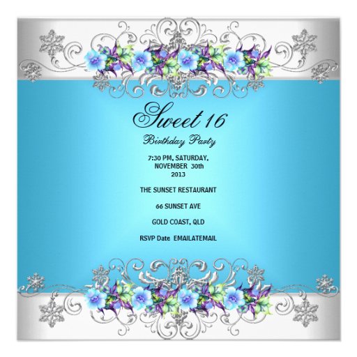 Sweet 16 Sweet Sixteen White Blue Purple Flowers Personalized Invitations
