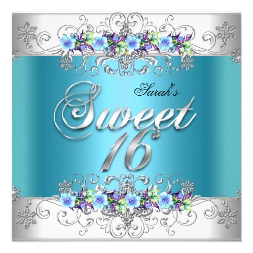 Sweet 16 Sweet Sixteen White Blue Purple Flowers Personalized Invite