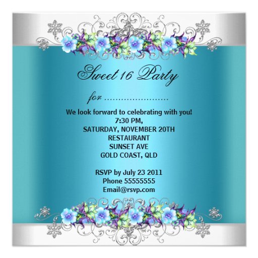 Sweet 16 Sweet Sixteen White Blue Purple Flowers Personalized Invite
