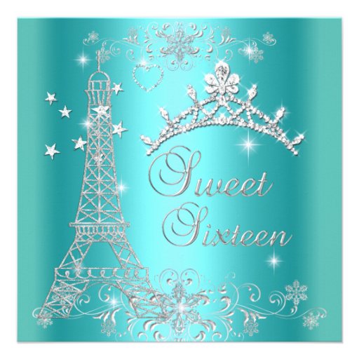 Sweet 16 Teal Blue Glitter Tiara Eiffel Tower Custom Invitations