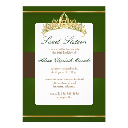 Sweet 16/ tiara/emerald invitations