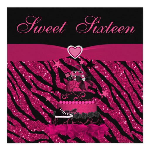 Sweet 16 Trendy Pink Cake & Zebra Stripes Invite