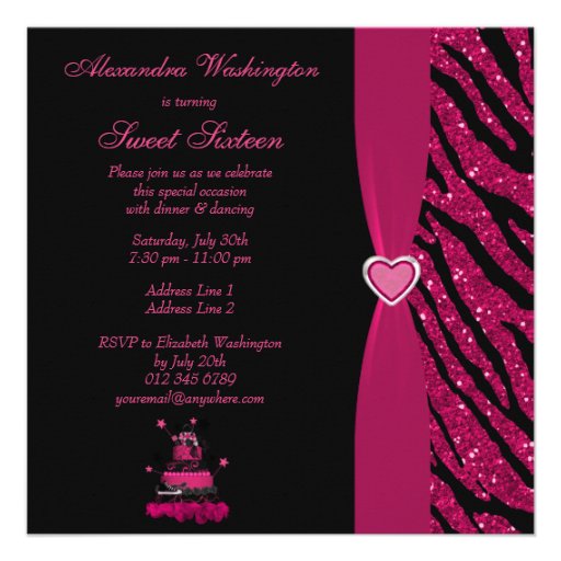Sweet 16 Trendy Pink Cake & Zebra Stripes Invite