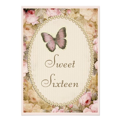 Sweet 16 Vintage Roses Butterfly & Music Notes Personalized Announcement