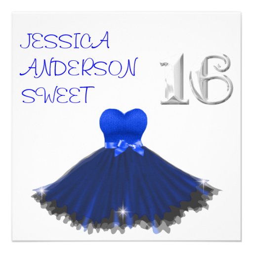 SWEET 16  White Blue Black Dress Sparkles Custom Announcements