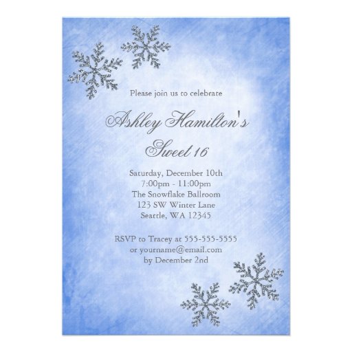 Sweet 16 Winter Wonderland Sparkle Snowflakes Blue Personalized Announcements