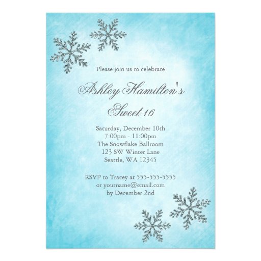 Sweet 16 Winter Wonderland Sparkle Snowflakes Invitation (front side)