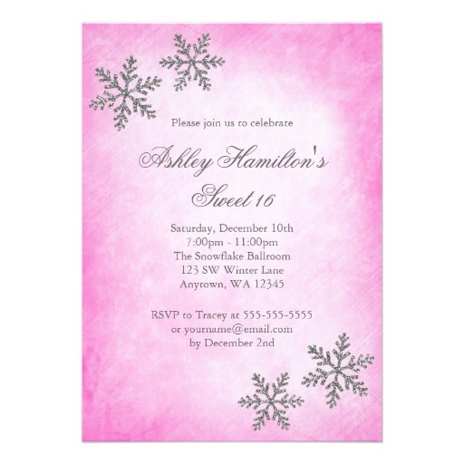 Sweet 16 Winter Wonderland Sparkle Snowflakes Pink Invitation