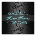 Sweet 16th Blue & Black Swirl Birthday Invitation