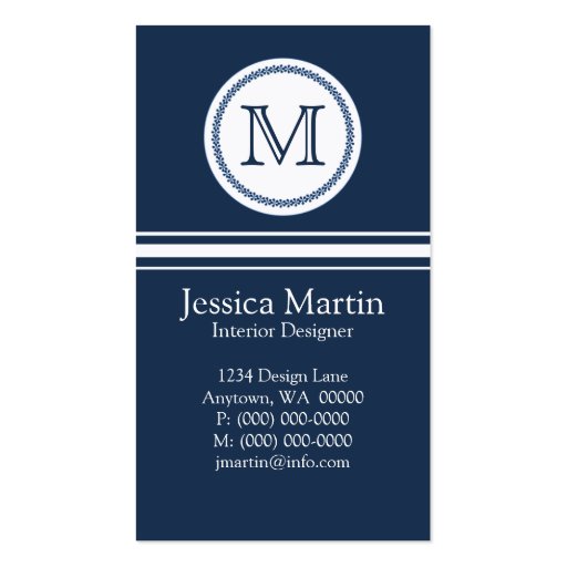Sweet and Delicate Monogram Business Card, Blue (front side)