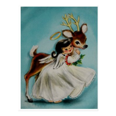 Sweet Angel Girl hugging adorable deer. Post Card