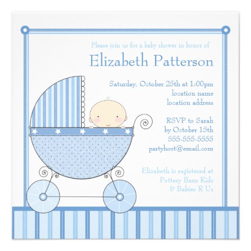 Sweet Baby Boy in Carriage Baby Shower in Blue Personalized Announcements